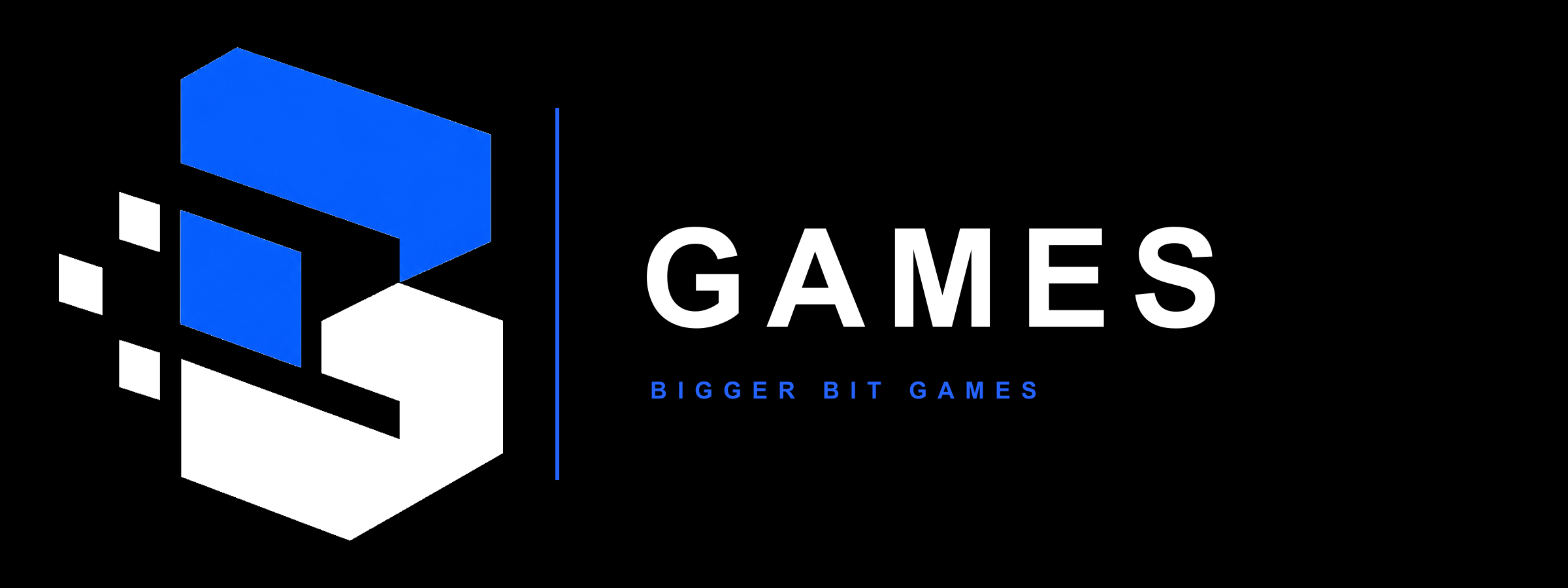 Official Bigger Bit Games blue-and-white horizontal logo on black