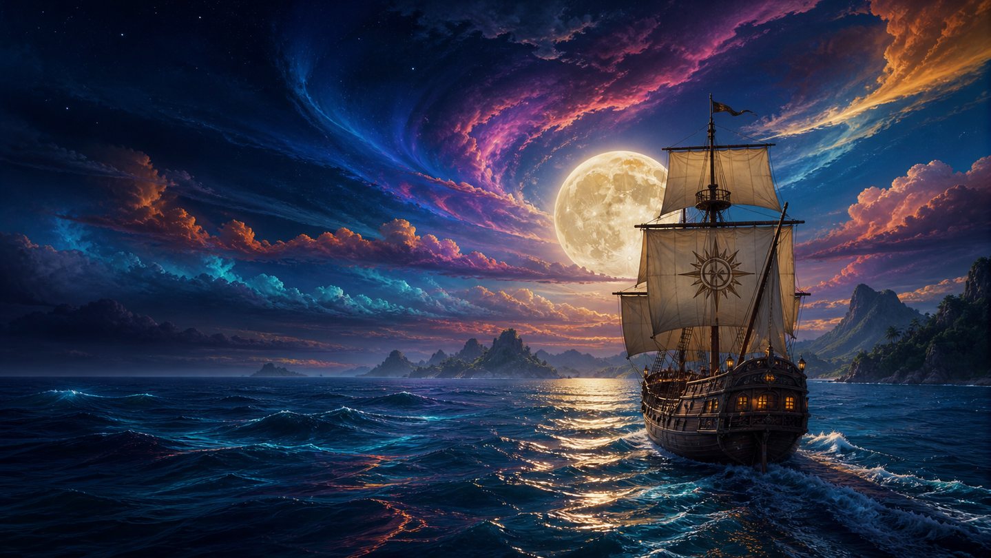 Across the Last Meridian sailing ship crossing a moonlit sea beneath a vivid sky