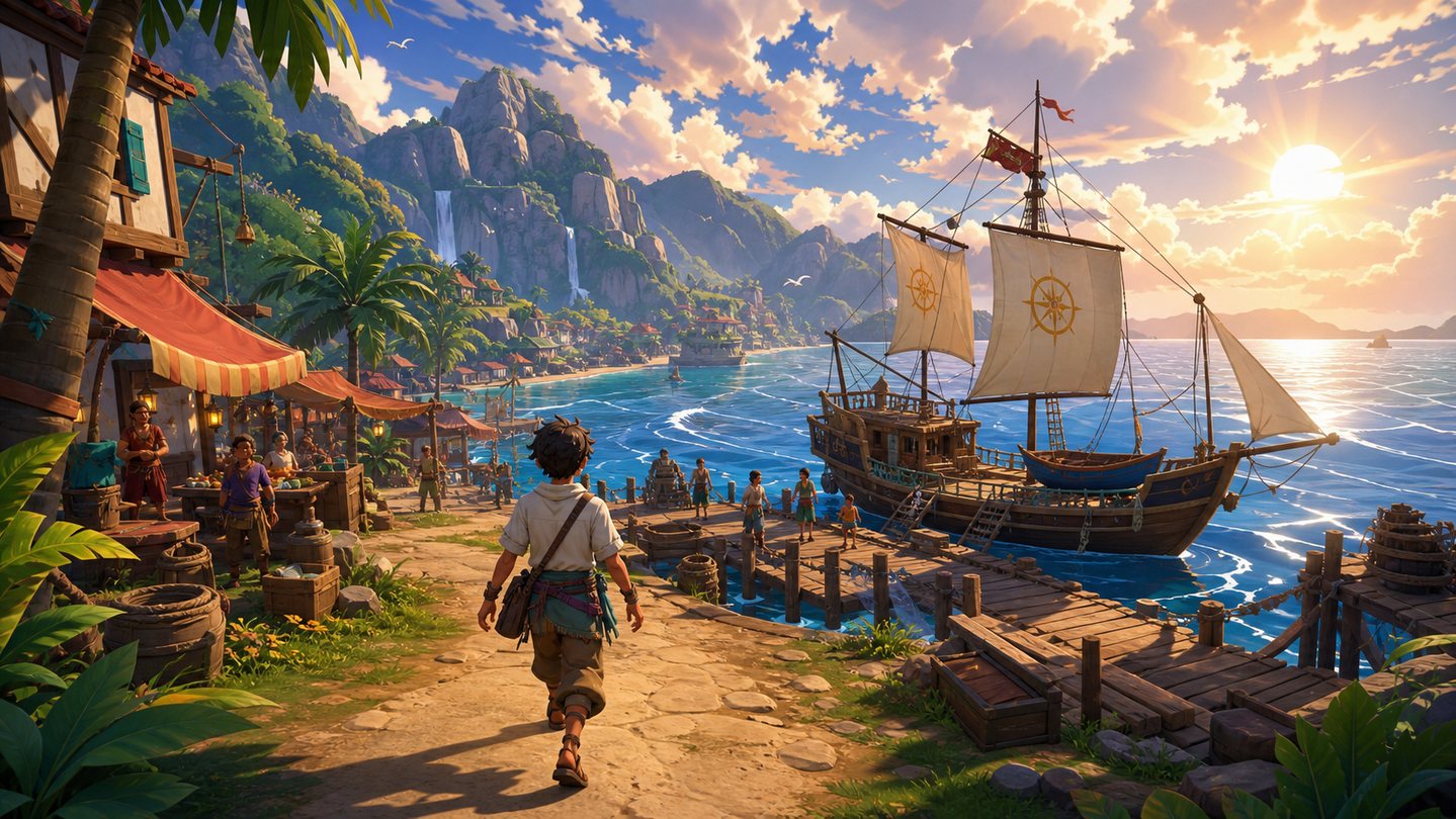 Across the Last Meridian visual development showing a tropical harbor, sailing ship, and explorer