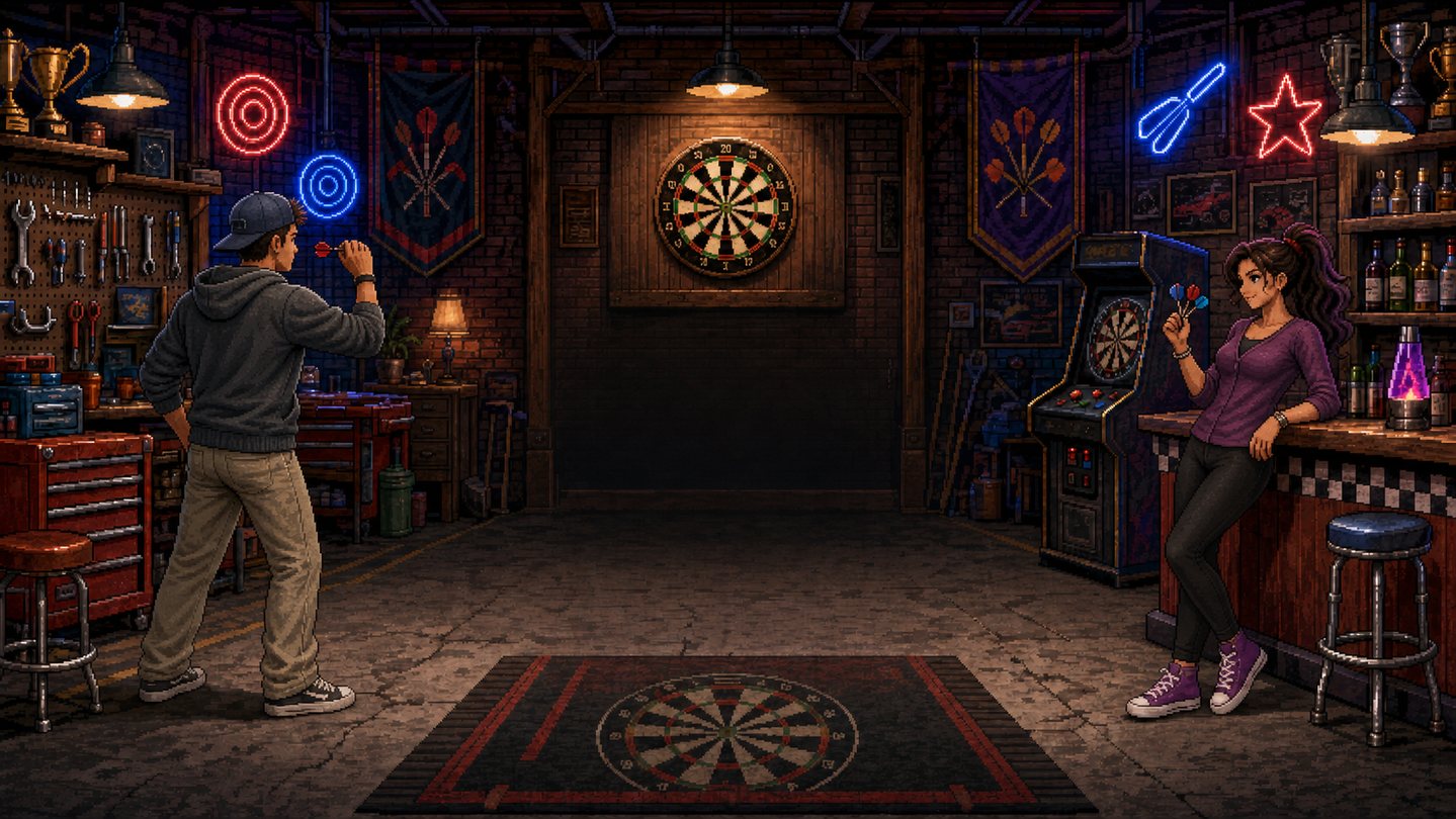GDC Champions garage darts venue with two players and neon dart signs