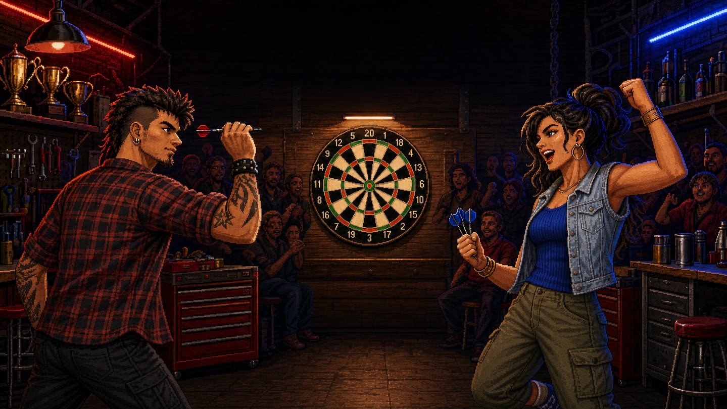 GDC Champions pixel-art rivals facing a dartboard in a crowded garage venue